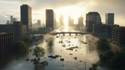 Floodwaters submerge coastal city urban landscape natural disaster affected environment aerial view climate impact