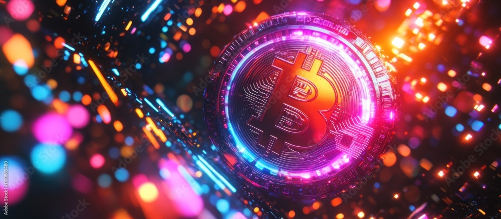 Poster closeup of a glowing bitcoin cryptocurrency coin with neon lights and bokeh effect.
