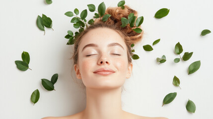 A woman with a leafy headdress is smiling