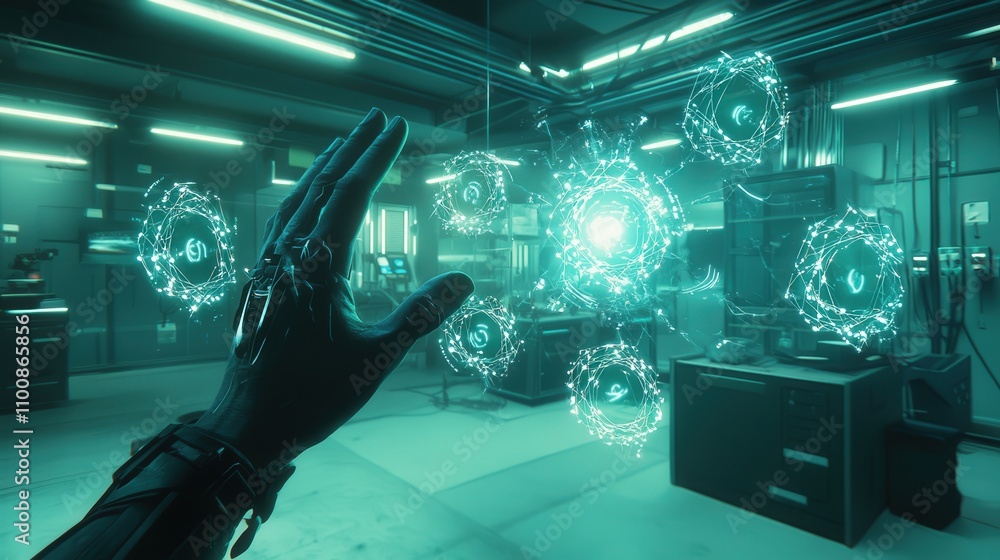 Aufkleber Hero unleashes glowing portals with hand gestures in futuristic tech lab action scene digital art sci-fi environment close-up view