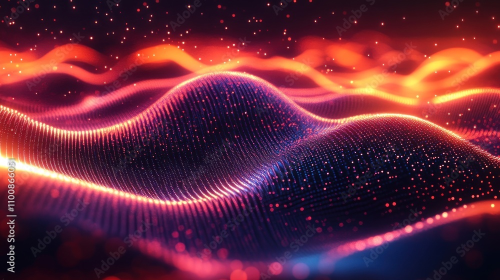 Poster abstract digital wave with glowing lines and particles in vibrant red and orange colors.