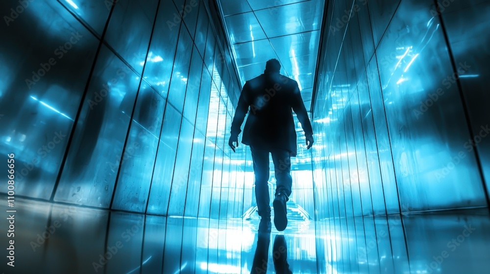 Poster mysterious hero cloaked in shadow phasing through a futuristic corridor urban space digital art nigh
