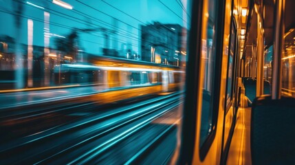 Nighttime train journey urban setting modern cabin view dynamic movement serene atmosphere travel concept