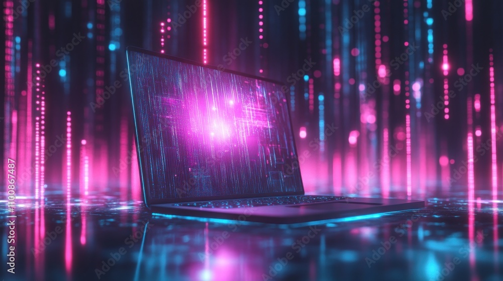 Aufkleber laptop computer with glowing screen on a digital abstract background of pink and blue lines.