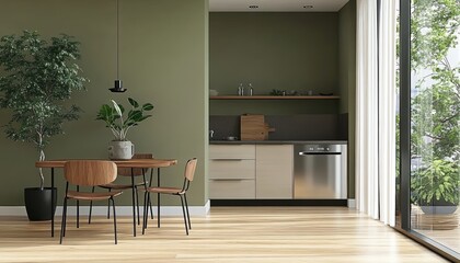 Modern minimalist kitchen with sage green partition, white baseboard, wooden dining table, wooden chairs, black refrigerator and sunlight from window curtains