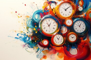 A colorful abstract background with multiple clocks of different sizes, surrounded by splashes of vibrant colors, on a white background.