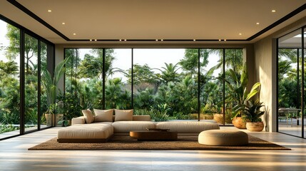 Fototapeta premium Luxurious Modern Living Room with Floor-to-Ceiling Windows Overlooking Lush Tropical Garden