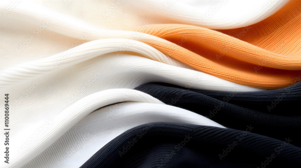 Poster a close-up view of elegantly folded fabric showcasing a blend of white, orange, and black colors in 