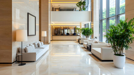 Fototapeta premium Bright hotel lobby with minimalistic design, clean decor, and welcoming vibe.