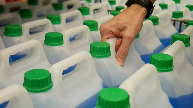 Close-up of a male hand taking a big plastic jerrican with blue liquid among the many others