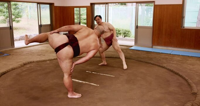 Training, sumo wrestling and stretching with practice in ring for match fitness, traditional exercise and warm up. Japanese people, man and instructor with squats for flexibility workout and shiko