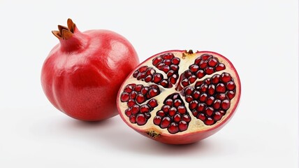 there is a pomegranate cut in half and a whole
