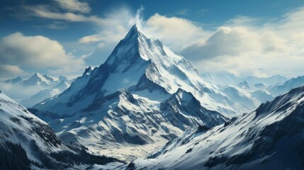 Obraz premium A mountain range with a snow covered peak in the background