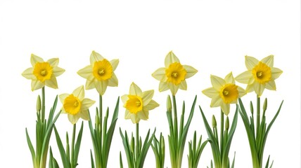 Fototapeta premium yellow daffodils are growing in a row against a white background