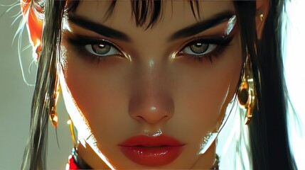 Striking Digital Portrait of a Young Woman with Intense Gaze and Bold Makeup