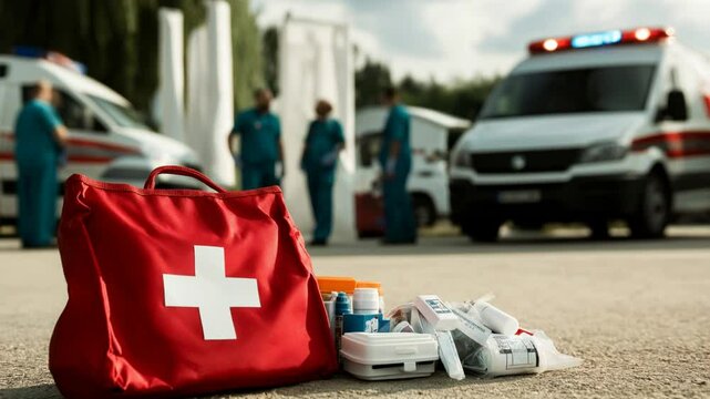 First Aid Kit for Medical Services. First aid kit stands prominently on the ground, symbolizing emergency medical services. Paramedics are visible in the background, prepared for any situation
