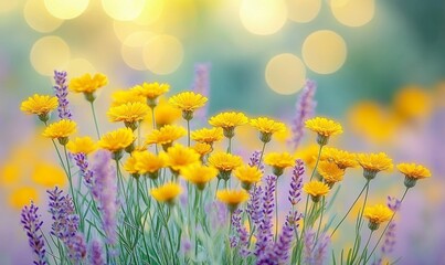 Fototapeta premium Sunlit Meadow of Yellow and Purple Wildflowers in Spring with Soft Bokeh Background