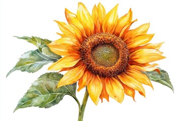 Naklejka premium A vibrant watercolor painting of a sunflower with green leaves against a white background.