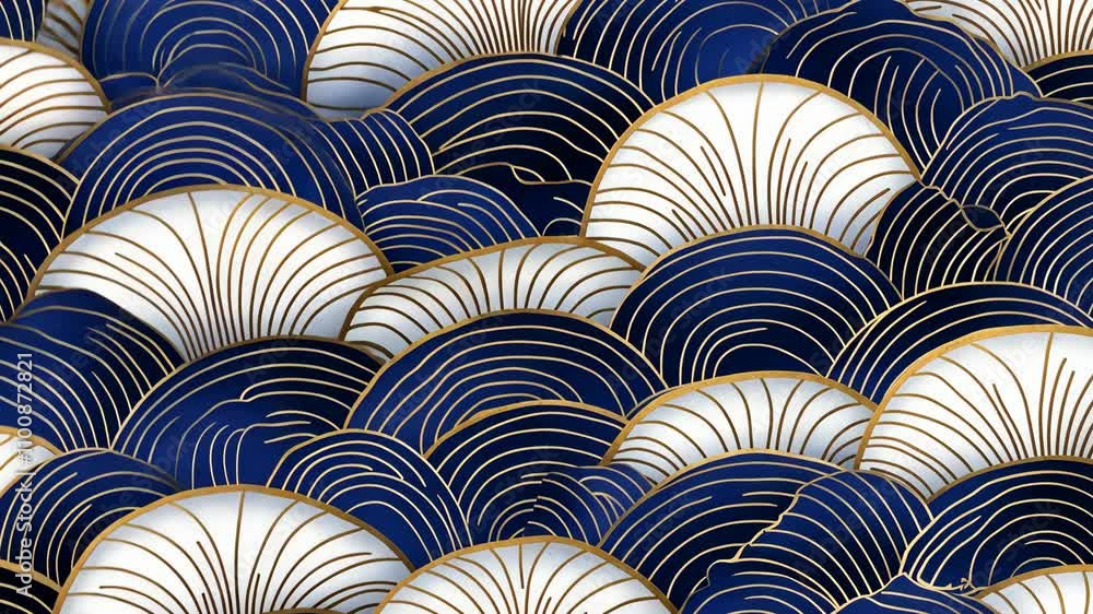 Poster elegant wave pattern design featuring gold detailing on a rich blue background with intricate curves