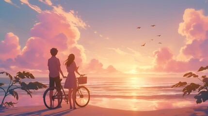 Fototapeta premium Couple watching sunset on beach with bicycle, dreamy ocean view setting