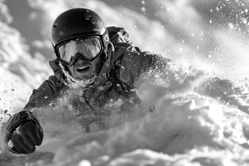 Obraz premium A skier in a black helmet and goggles is buried in powder snow while skiing down a mountain, with a look of excitement and exhilaration on his face.