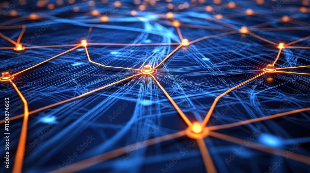 Poster abstract network connection, glowing nodes and lines, digital technology concept.