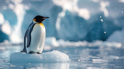 Obraz premium A polar landscape featuring a penguin on an ice floe in front of massive icebergs captures the stark beauty of Antarctica.