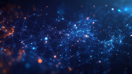 Abstract Mesh Network of Dots and Lines in Blue and Orange Colors Streaming Data Flow in Modern Technology