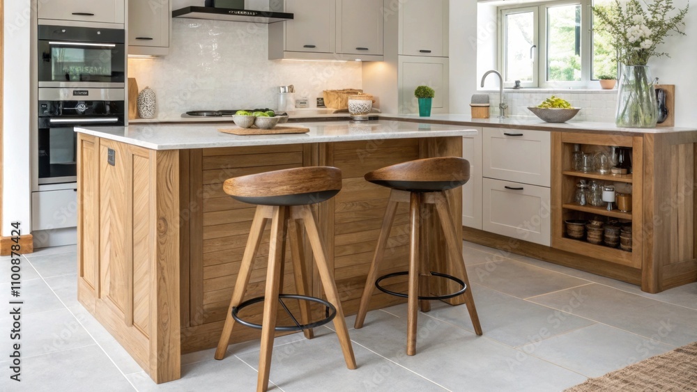 Poster natural wood elements in the seating complement the modern finishes with a pair of stylish stools in