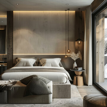 boutique hotel room, minimalistic modern , mountain luxury 5 stars resort, wide anglekelly hoppen style