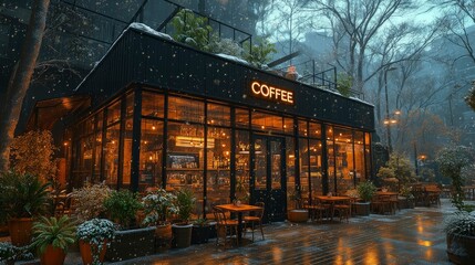 Fototapeta premium Cozy Coffee Shop on a Snowy Day