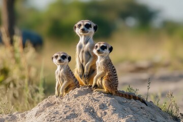 Three meerkats stand on a mound of sand in the African savanna, looking curiously at the camera.