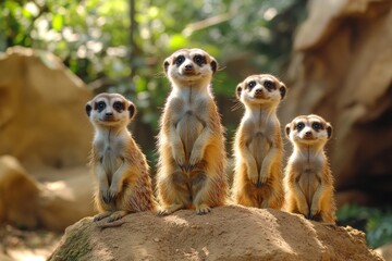 Fototapeta premium Four meerkats stand on a rock, looking up with curious expressions. They are surrounded by green vegetation.