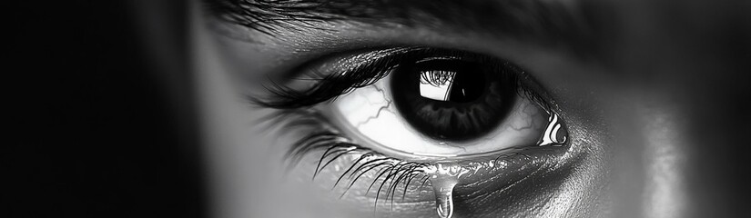 black and white close-up tear-filled eye emotion sadness of boy loneliness depression abuse