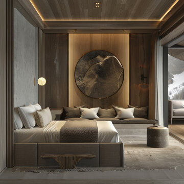 boutique hotel room, minimalistic modern , mountain luxury 5 stars resort, wide anglekelly hoppen style
