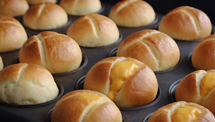 cheesy dinner rolls in a baking pan