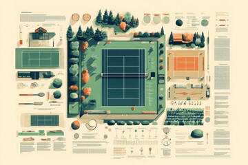 An infographic illustration of a tennis court surrounded by trees and other tennis-related objects and text.