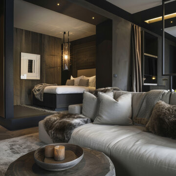 Elegant hotel boutique room at the mountain luxury 5 stars modern Kelly Hoppen style