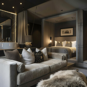 Elegant hotel boutique room at the mountain luxury 5 stars modern Kelly Hoppen style 