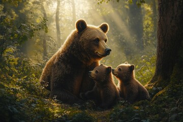 Obraz premium A brown bear mother and her two cubs sit together in a sunlit forest clearing.