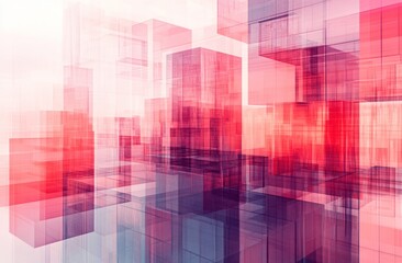 Abstract red and white translucent cubes forming a futuristic city landscape.