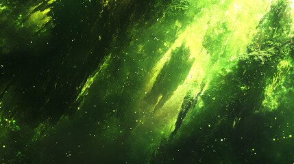 A vibrant, abstract depiction of swirling green hues resembling a cosmic or mystical landscape.