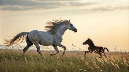 Fototapeta premium A majestic horse with a foal prances through the tall grass mane flowing freely, horse, landscape, freedom, foal, mane