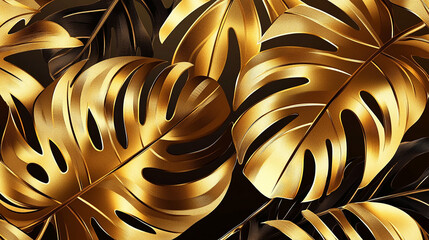 Golden tropical monstera leaves on a dark background