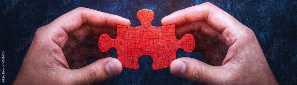 Poster hands holding a single red puzzle piece against a dark textured background, symbolizing problem-solv