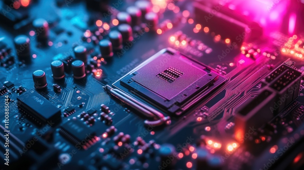 Aufkleber close-up of a computer motherboard with a cpu chip illuminated in pink and blue light.