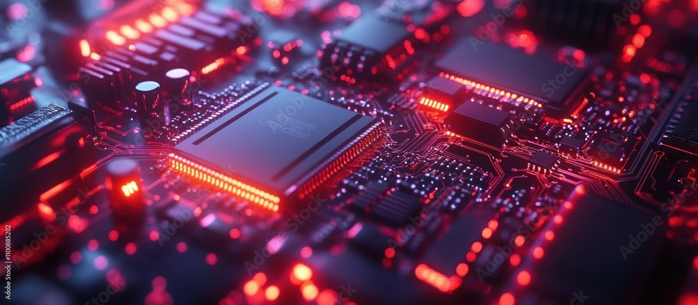 Poster close-up of a circuit board with glowing red lights.
