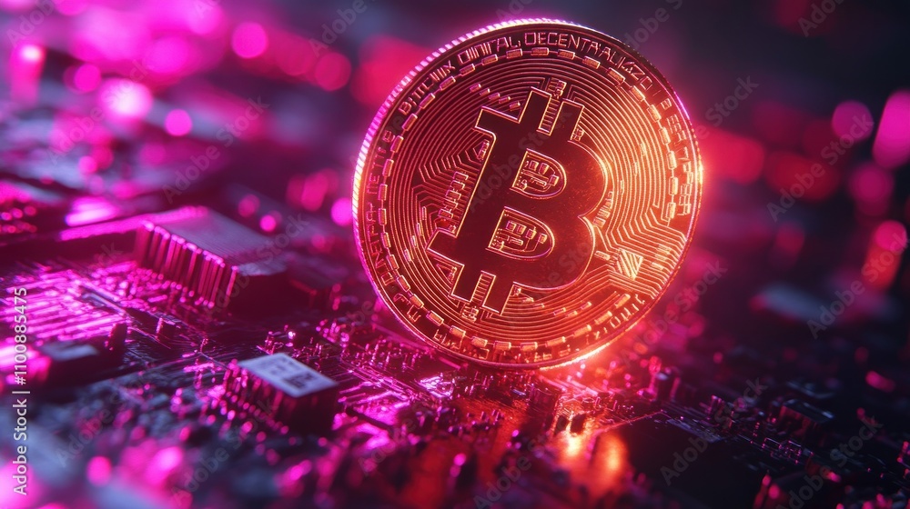 Poster a golden bitcoin coin on a computer circuit board with pink and orange lighting.
