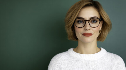 Fototapeta premium confident woman with glasses smiling against green background