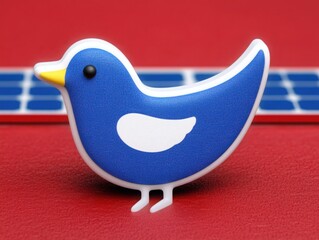 Cute Blue Bird Figurine on a Red Background with Solar Panels for Social Media and Technology Conceptual Imagery, Perfect for Digital Marketing or Environmental Themes